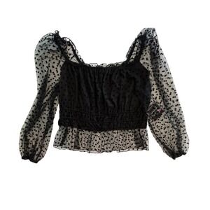 Womens Black Sheer Mesh Heart Flocked Crop Top 3X Puff Sleeve Romantic Goth